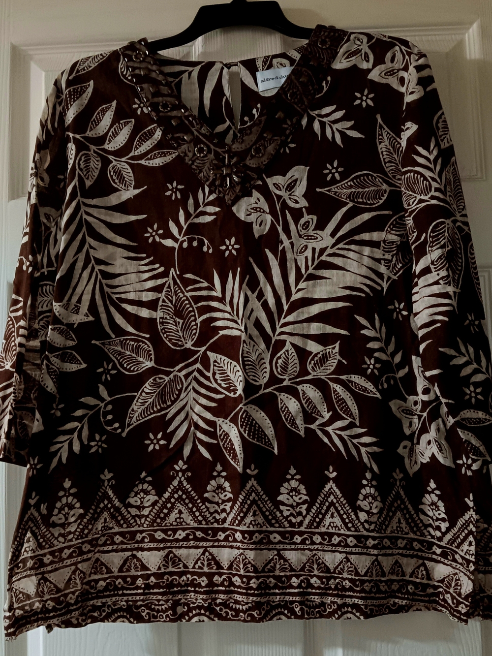 Alfred Dunner Brown and Cream Botanical V-Neck Long Sleeve Top Size 14